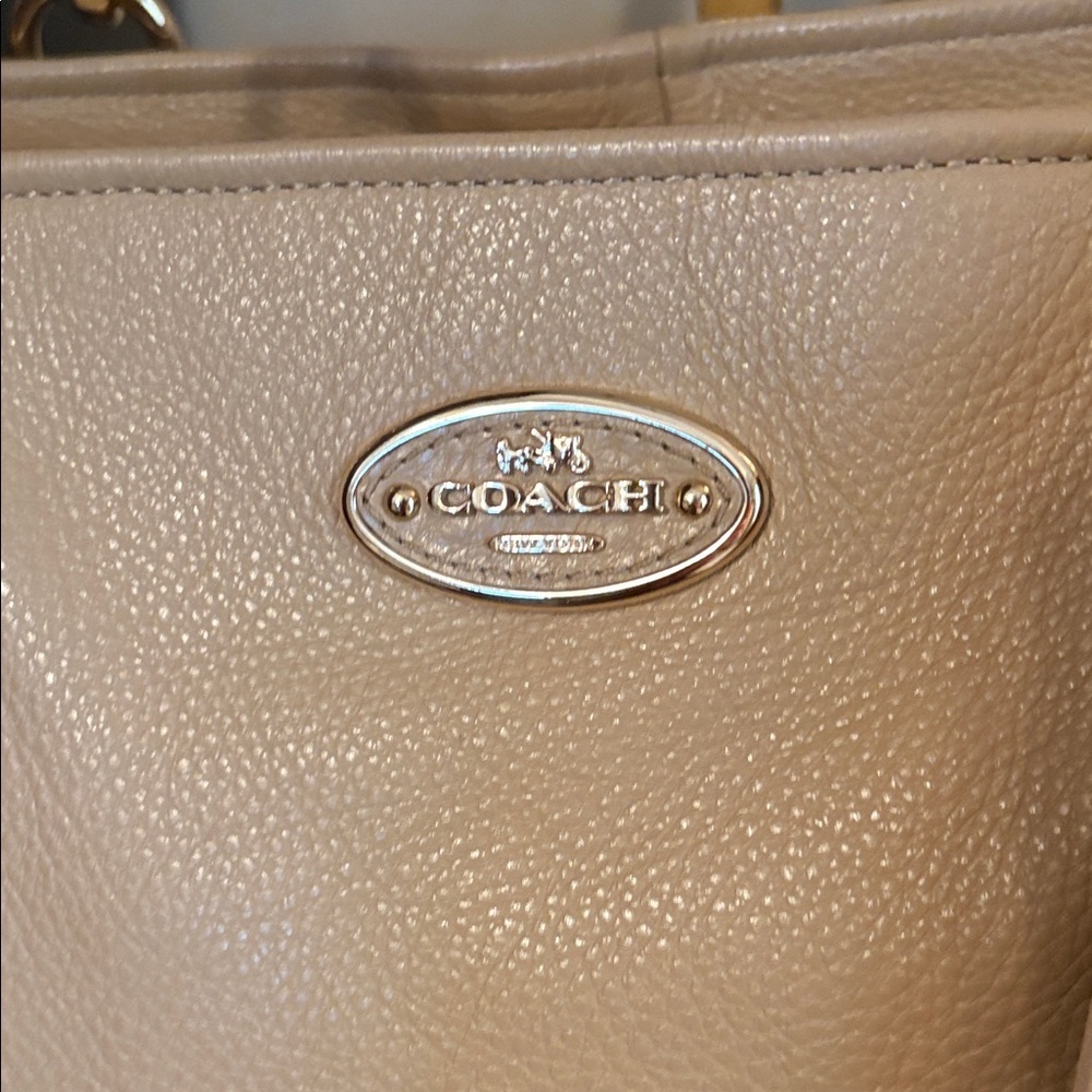 Chicago Coach Ellis Beige Leather Tote with Gold Hardware and Decorative Scarf - Picture 2 of 15